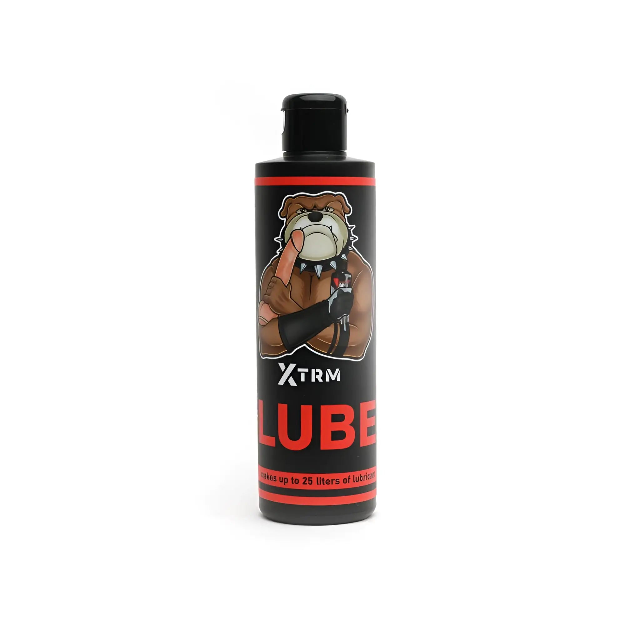 Black plastic bottle with red accents featuring a cartoon bulldog labeled xtrm lube powder 225gm for 25 litres use