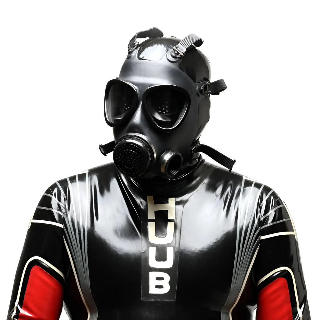 Xtrm military adjustable strap rubber gas mask paired with black latex full-body suit with red shoulder accents and white lettering