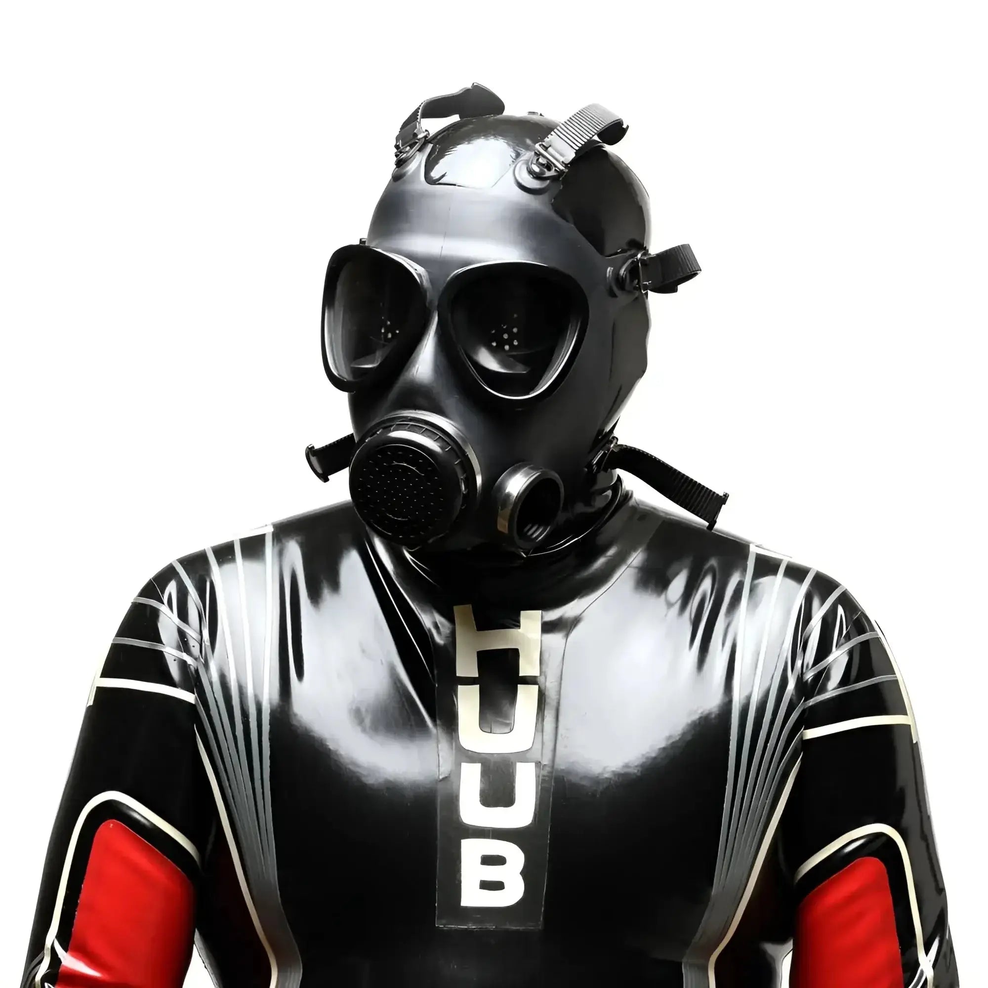 Xtrm military adjustable strap rubber gas mask paired with black latex full-body suit with red shoulder accents