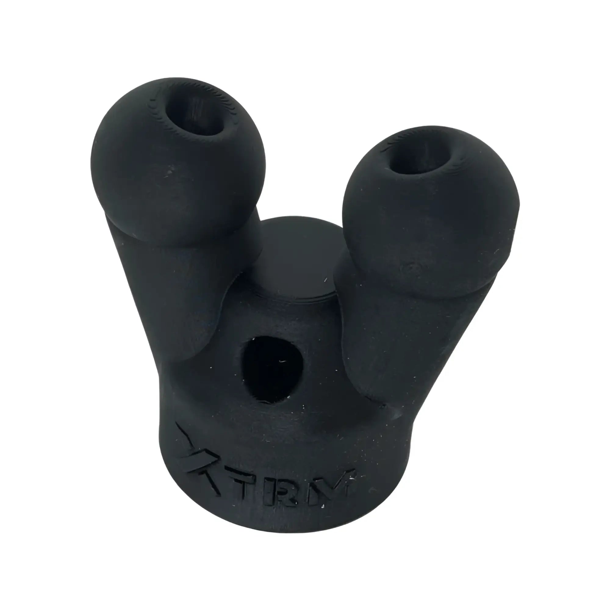 Black rubbery xtrm snffr double small mounting adapter with three prongs two rounded ends and central hole