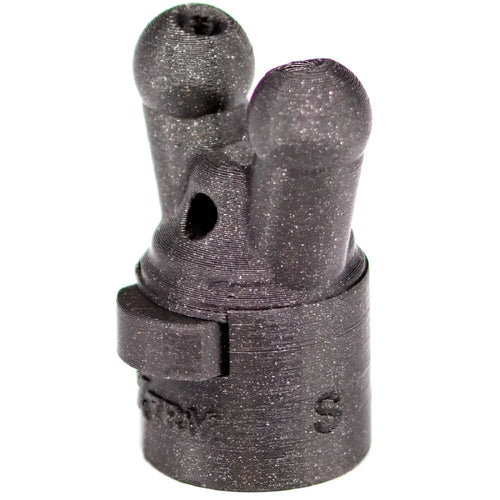 Dark gray 3d printed xtrm xtrm snffr double small leakproof mechanical component with two rounded protrusions and central hole