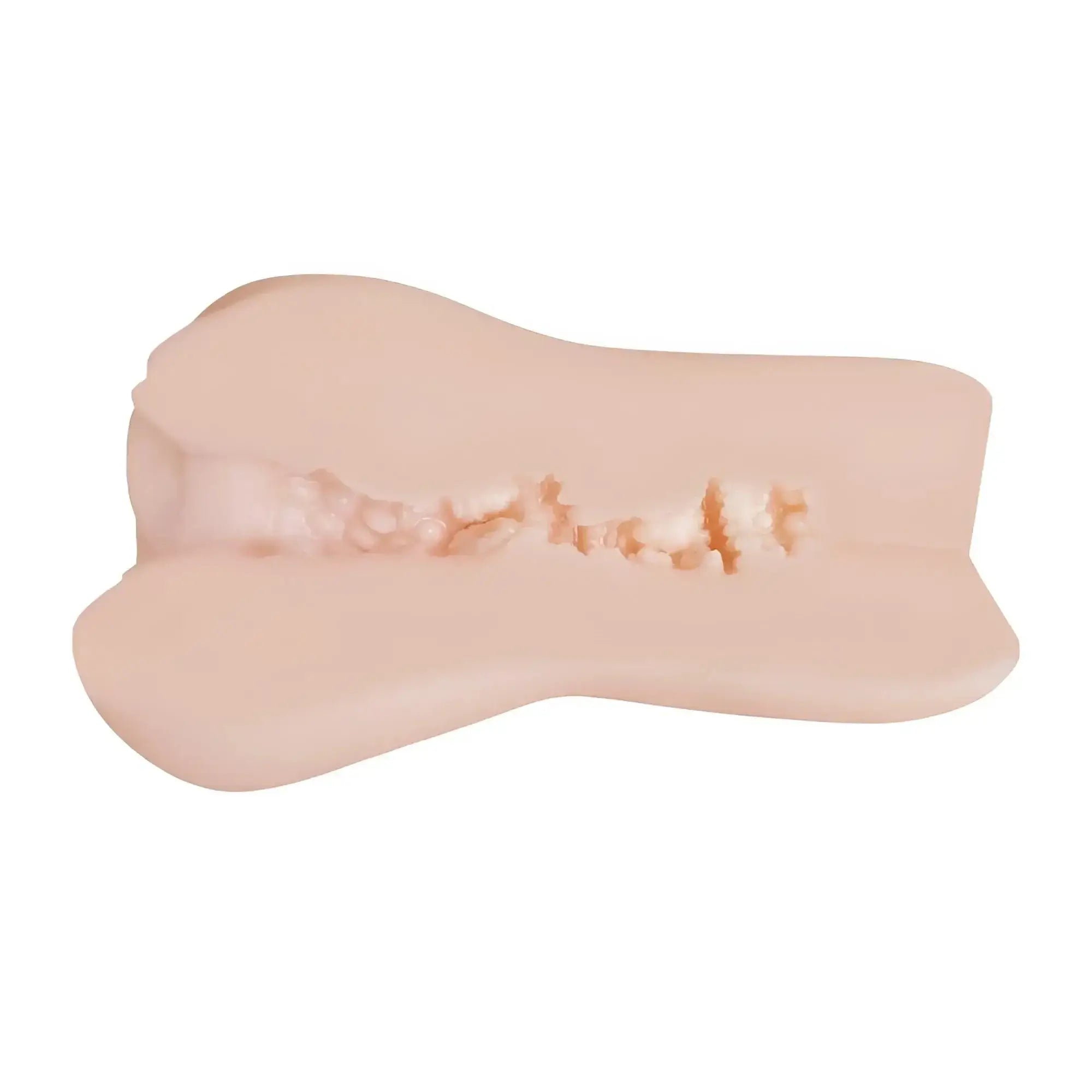 Beige silicone anal plug with textured interior ridges in yuira faleno star hole ami tokita real hole masturbator