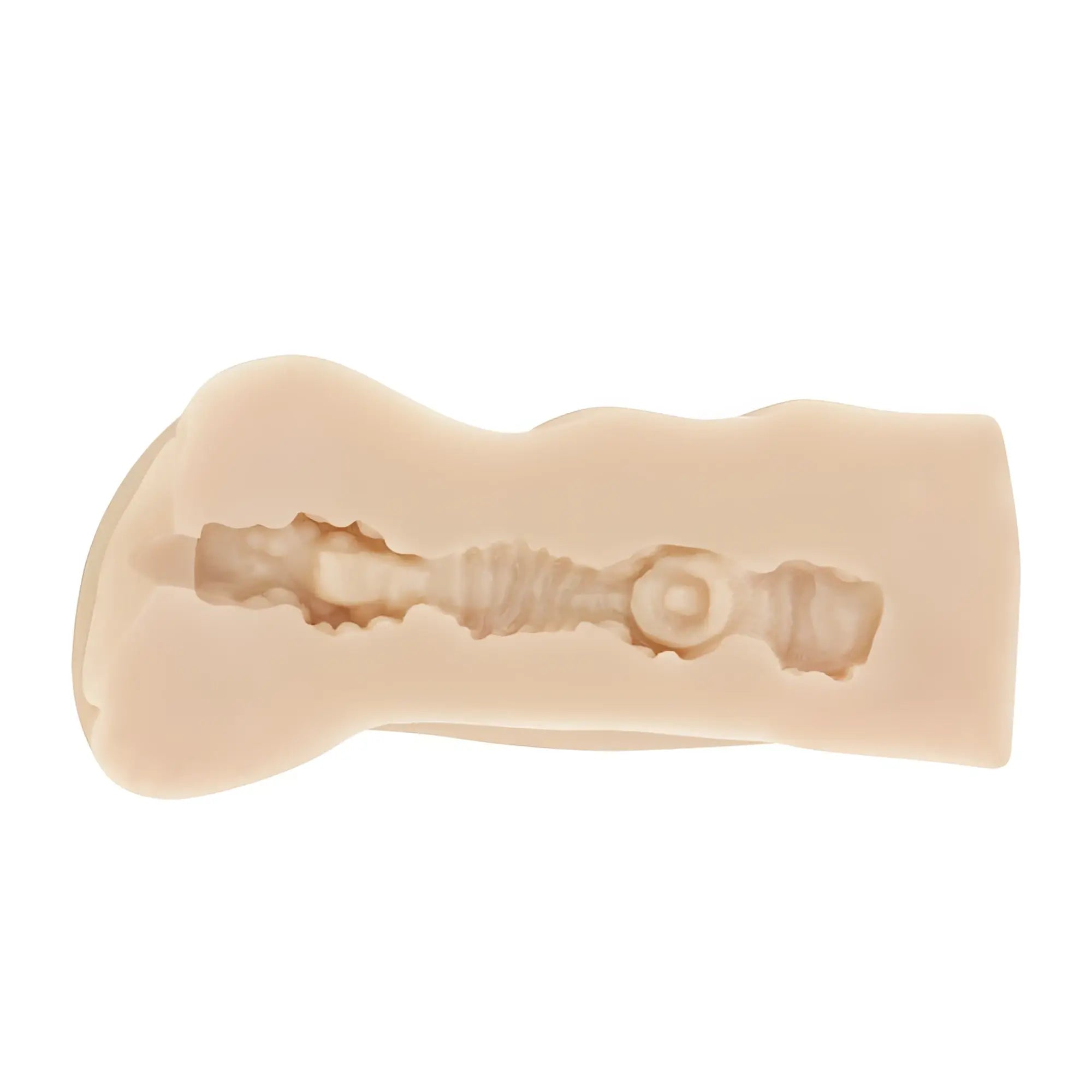 Beige silicone mold shaped like a human bone with internal cavity for yuira kmp hall rei kuruki real hole masturbator