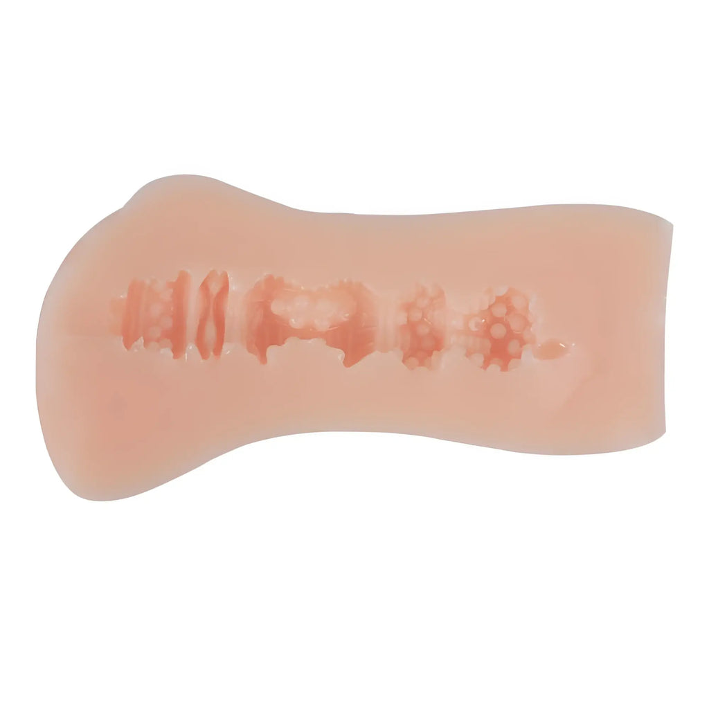 A peach-colored silicone adult toy with ridges and bumps in the Yuira KMP premium hall DX Yuria Yoshine masturbator