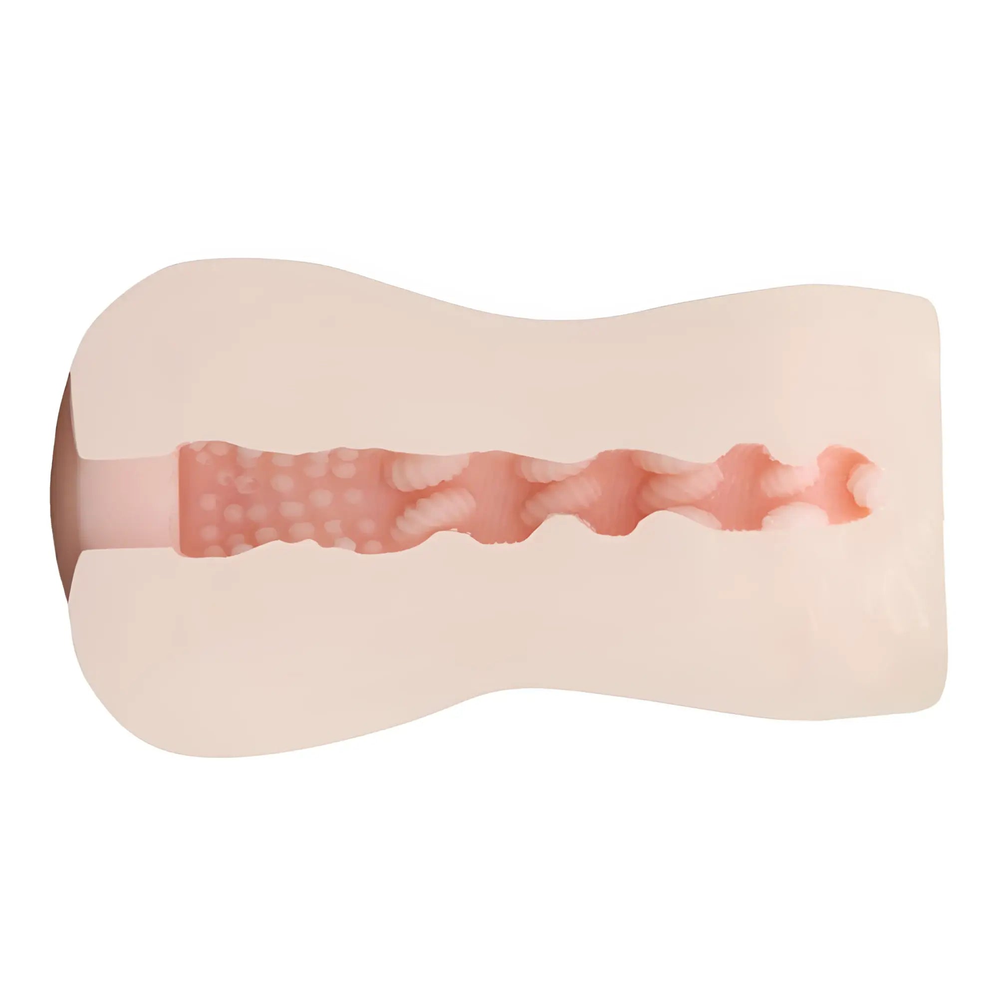 Pink silicone anal plug with textured ridged interior and smooth exterior from yuira mankitsuchu botehida real hole masturbator