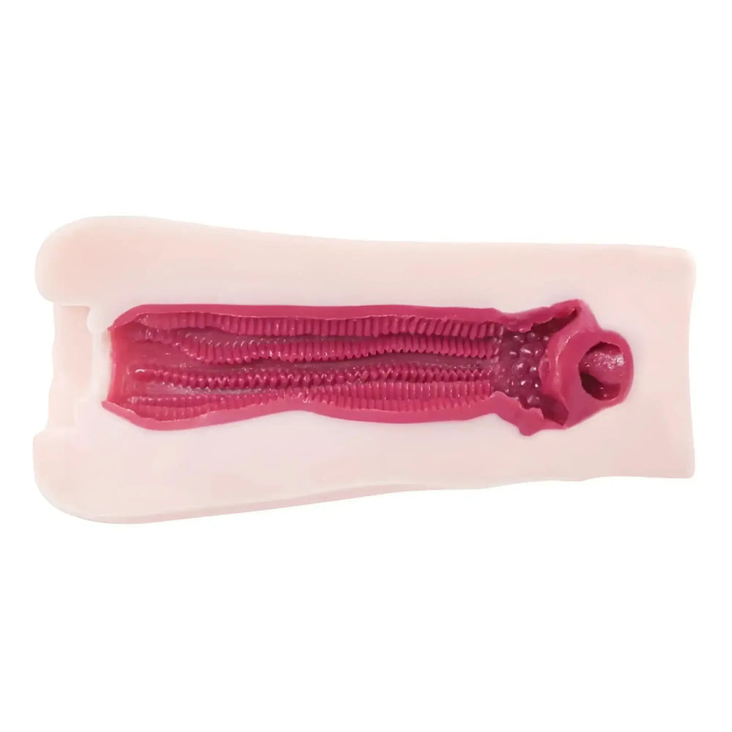 Pink silicone anal plug with textured ridged interior and circular opening