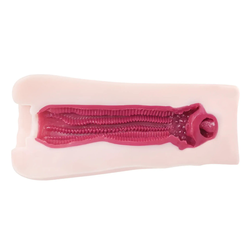 Pink silicone anal plug with textured ridged interior and circular opening from yuira virgin devil girls pleasure demon infinity masturbator