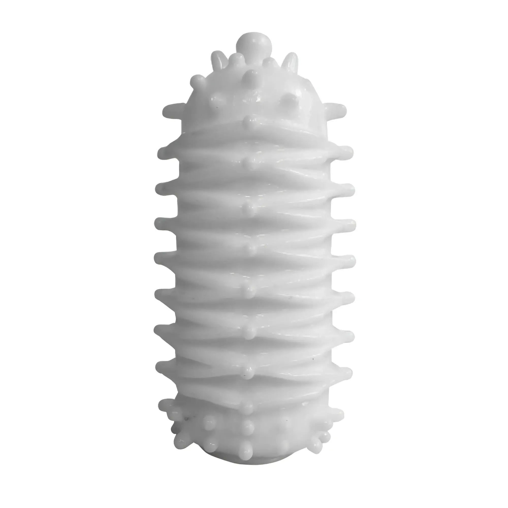 White glossy plastic yuira yuiRA max type r stroker with segmented worm-like design and raised ridges