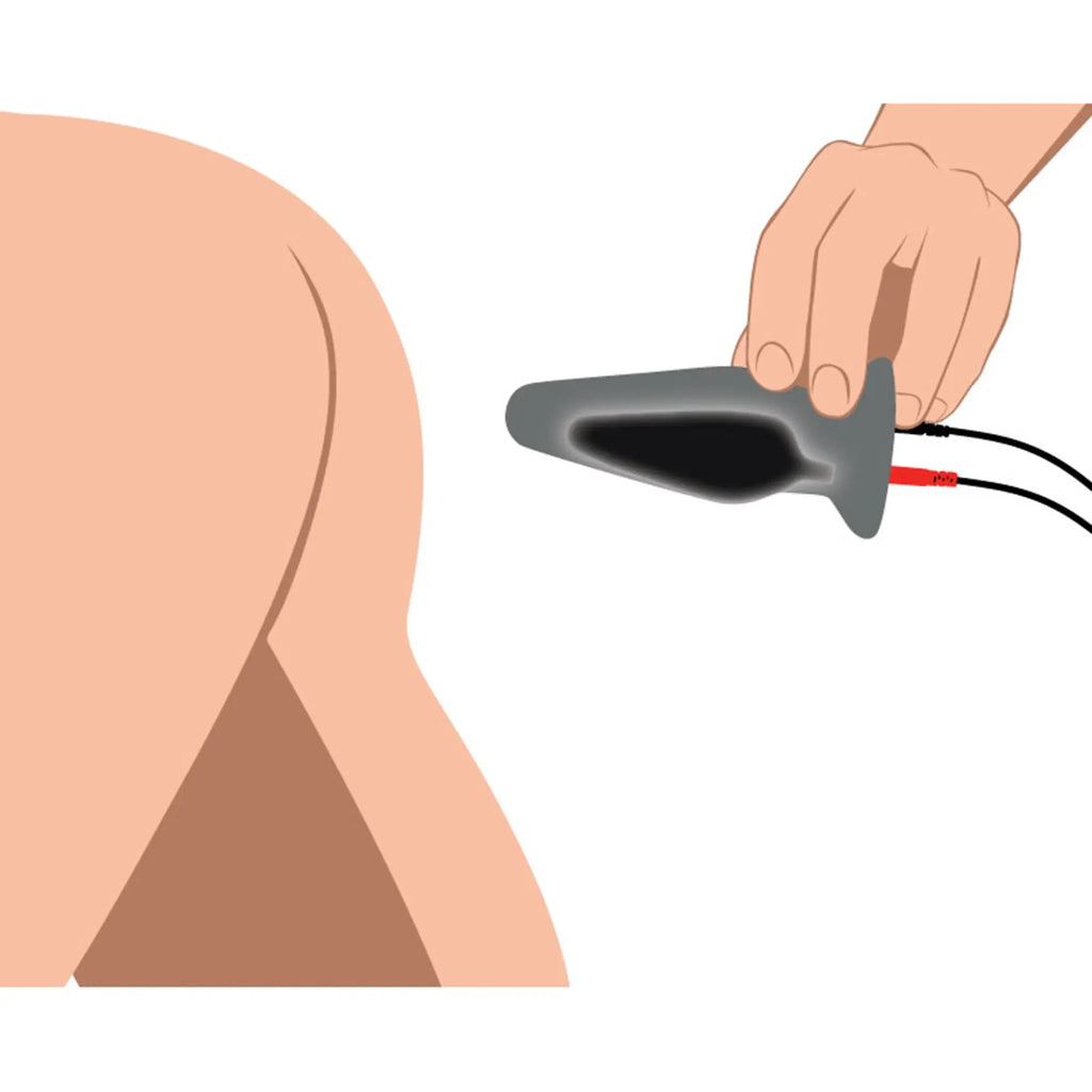 Gray silicone zeus anal amplifier eStim plug with black interior and attached red and black wires shown from the back