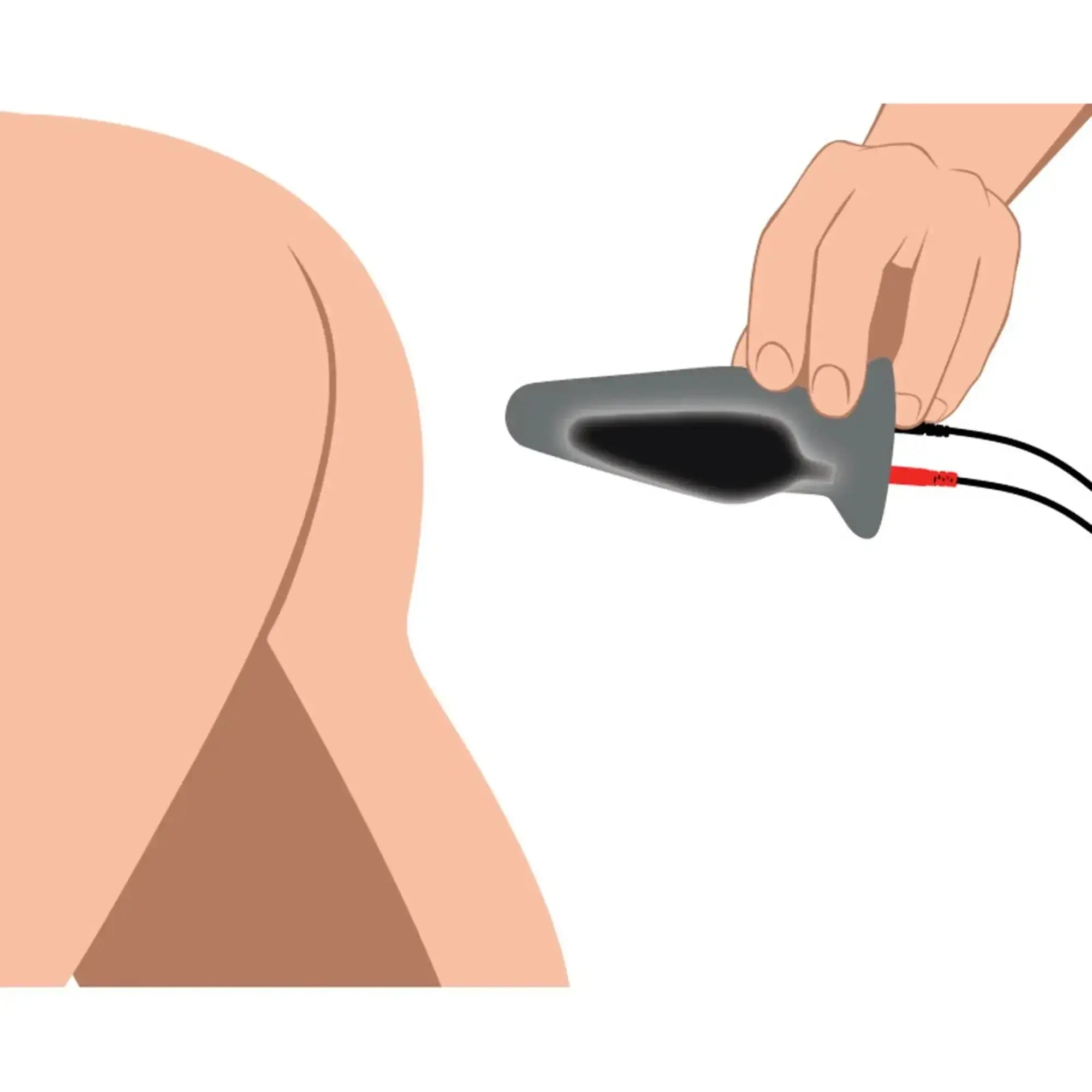 Gray silicone zeus anal amplifier eStim plug with black interior and attached red and black wires shown from the back