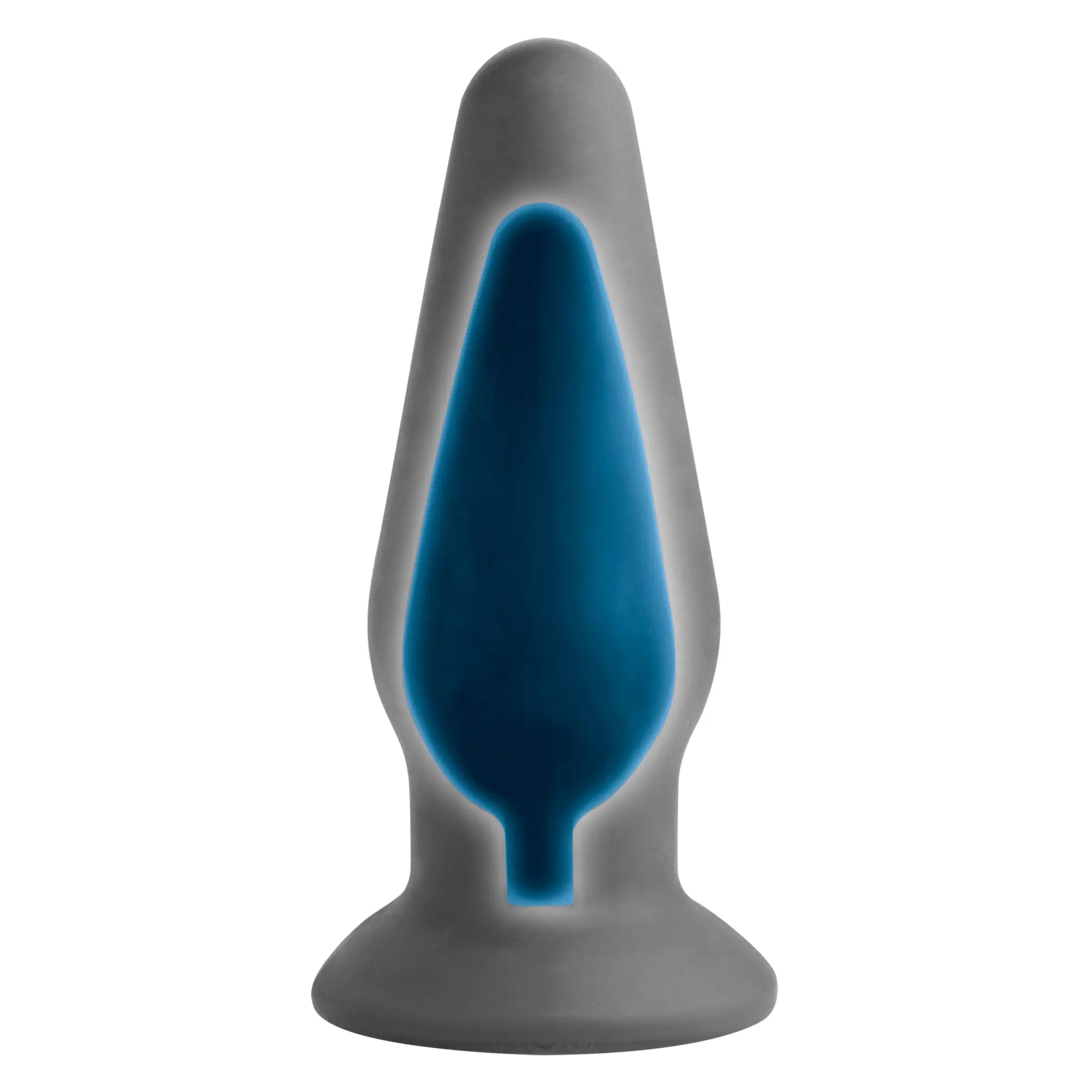 Gray silicone zeus anal amplifier eStim plug with vibrant blue central cavity for enhanced stimulation
