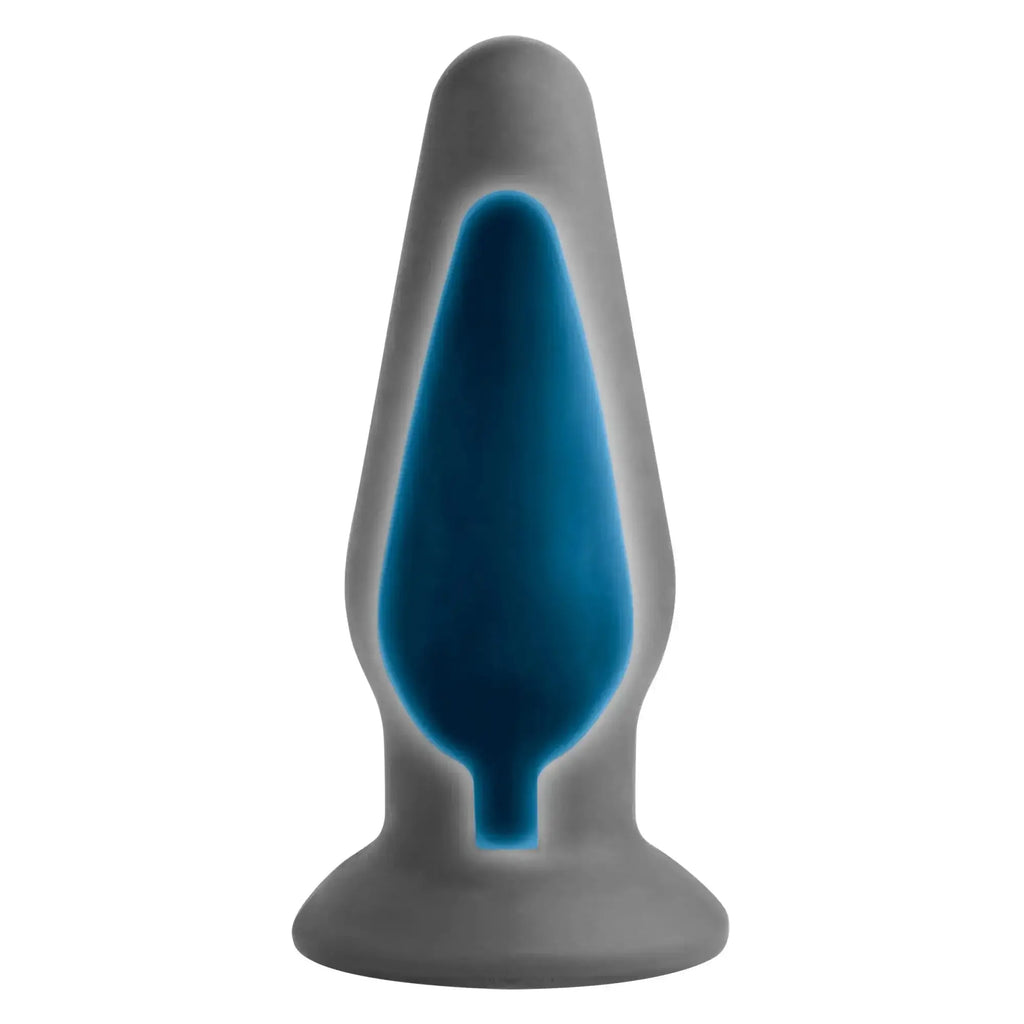 Gray silicone zeus anal amplifier eStim plug with vibrant blue central cavity for enhanced stimulation