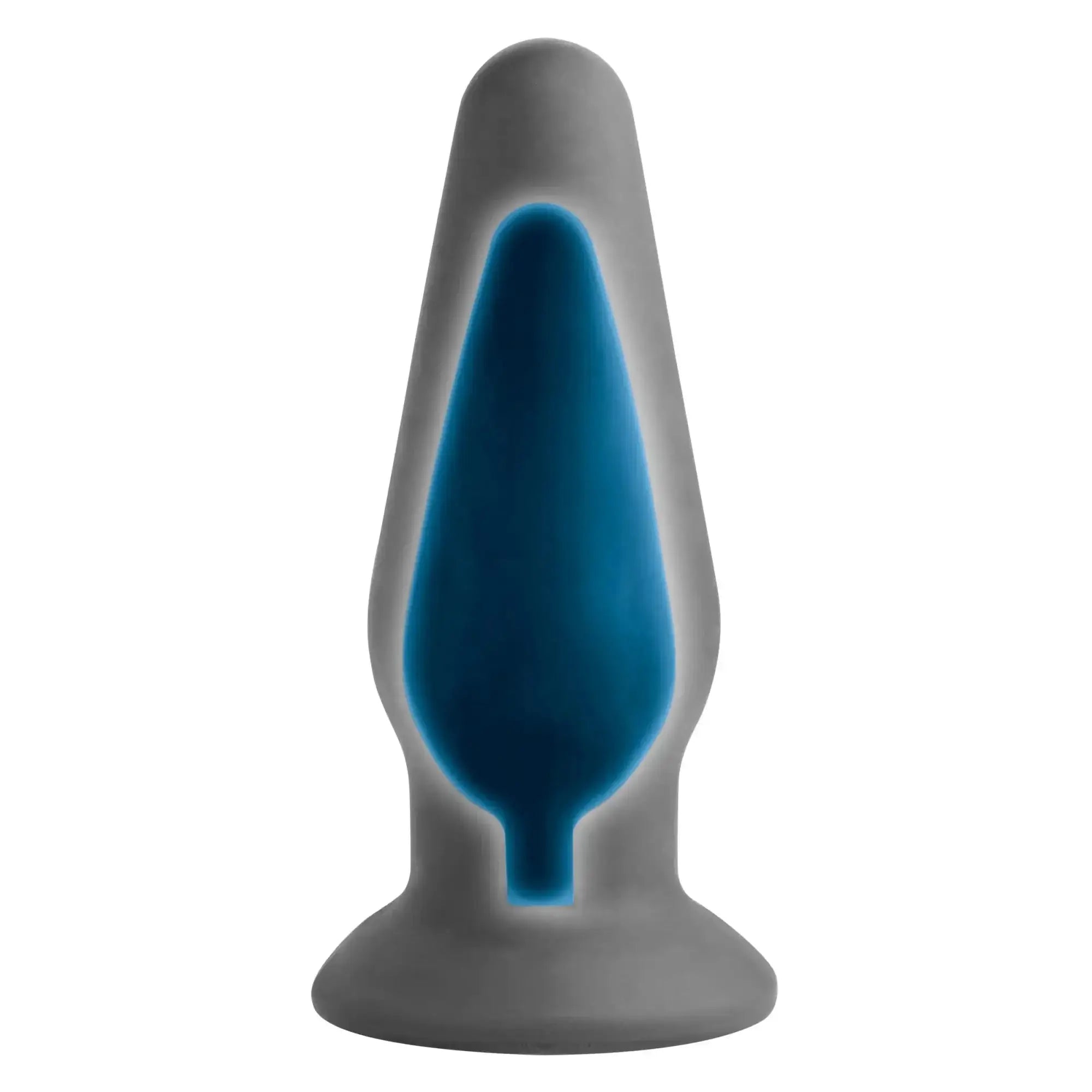 Gray silicone zeus anal amplifier eStim plug with vibrant blue central cavity for enhanced stimulation