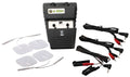 Black Zeus beginner electrosex kit with four white electrode pads and black cables with red and black connectors