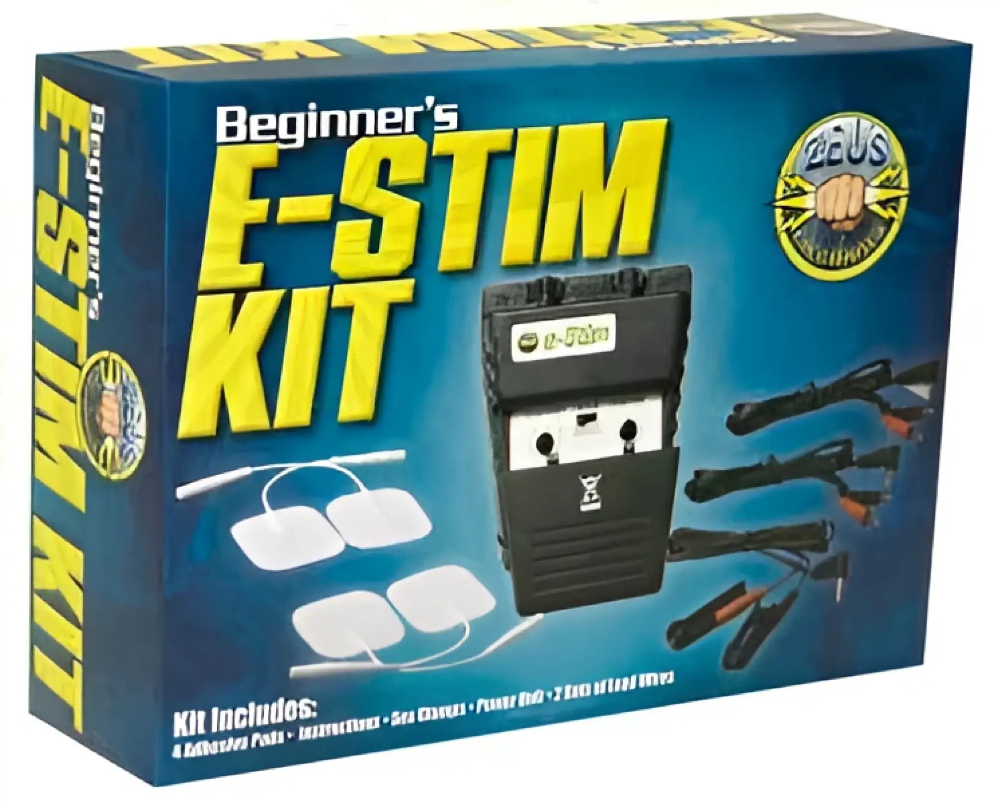 Black plastic Zeus beginner electrosex kit with white control panel green led indicator in blue packaging box