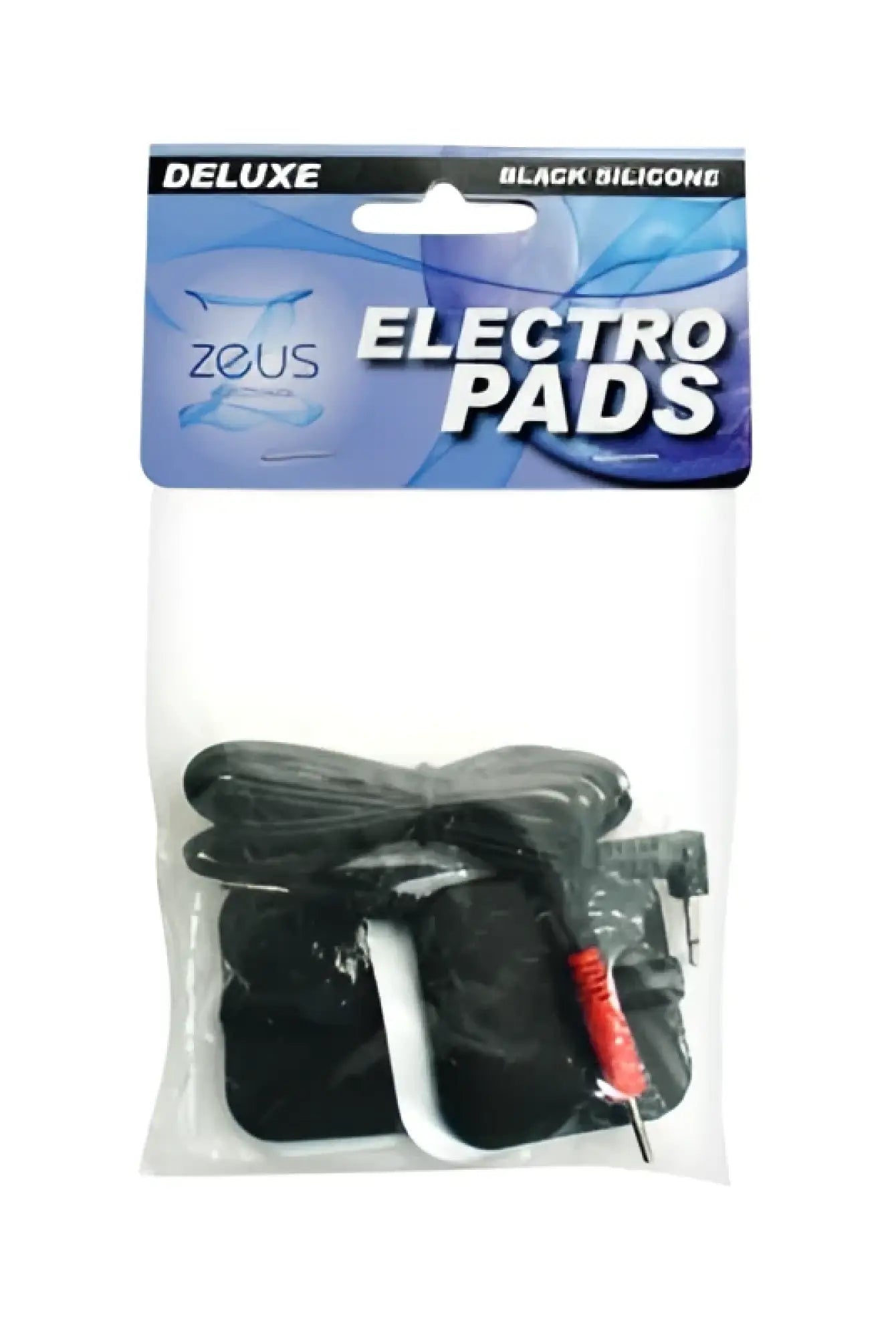 Zeus deluxe black electro pads 2 pk made of silicone in clear package with blue and white branding