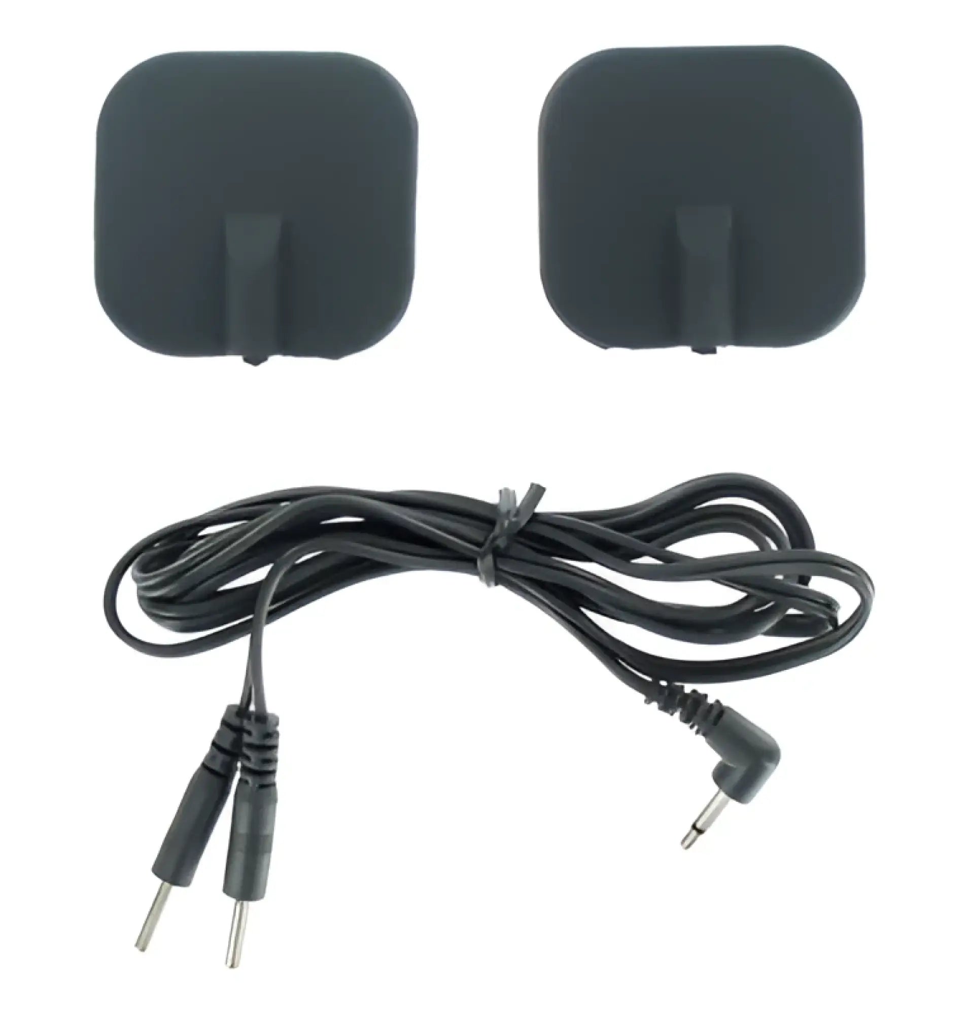 Black square electrode pads with attached black cables and connectors for zeus deluxe black electro pads 2 pk