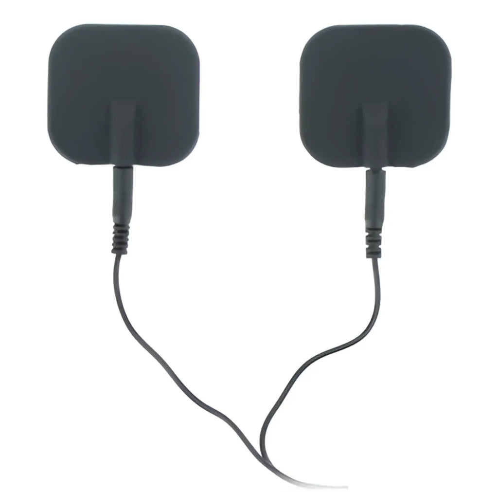 Black square-shaped Zeus deluxe electro pads 2 pk connected by a thin black cable for muscle stimulation use