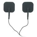 Black square-shaped Zeus deluxe electro pads 2 pk connected by a thin black cable for muscle stimulation use