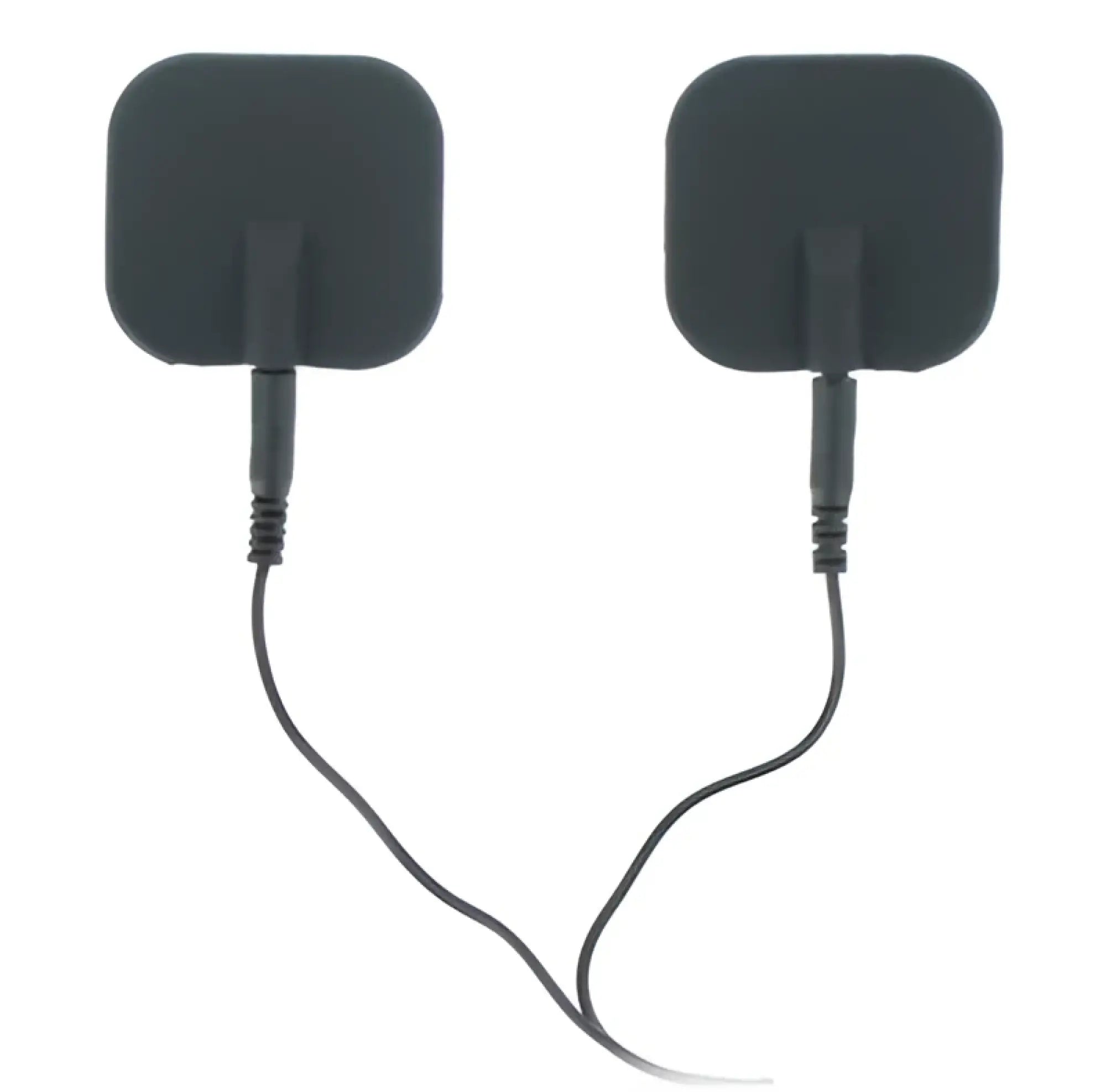 Black square-shaped Zeus deluxe electro pads 2 pk connected by a thin black cable for muscle stimulation use