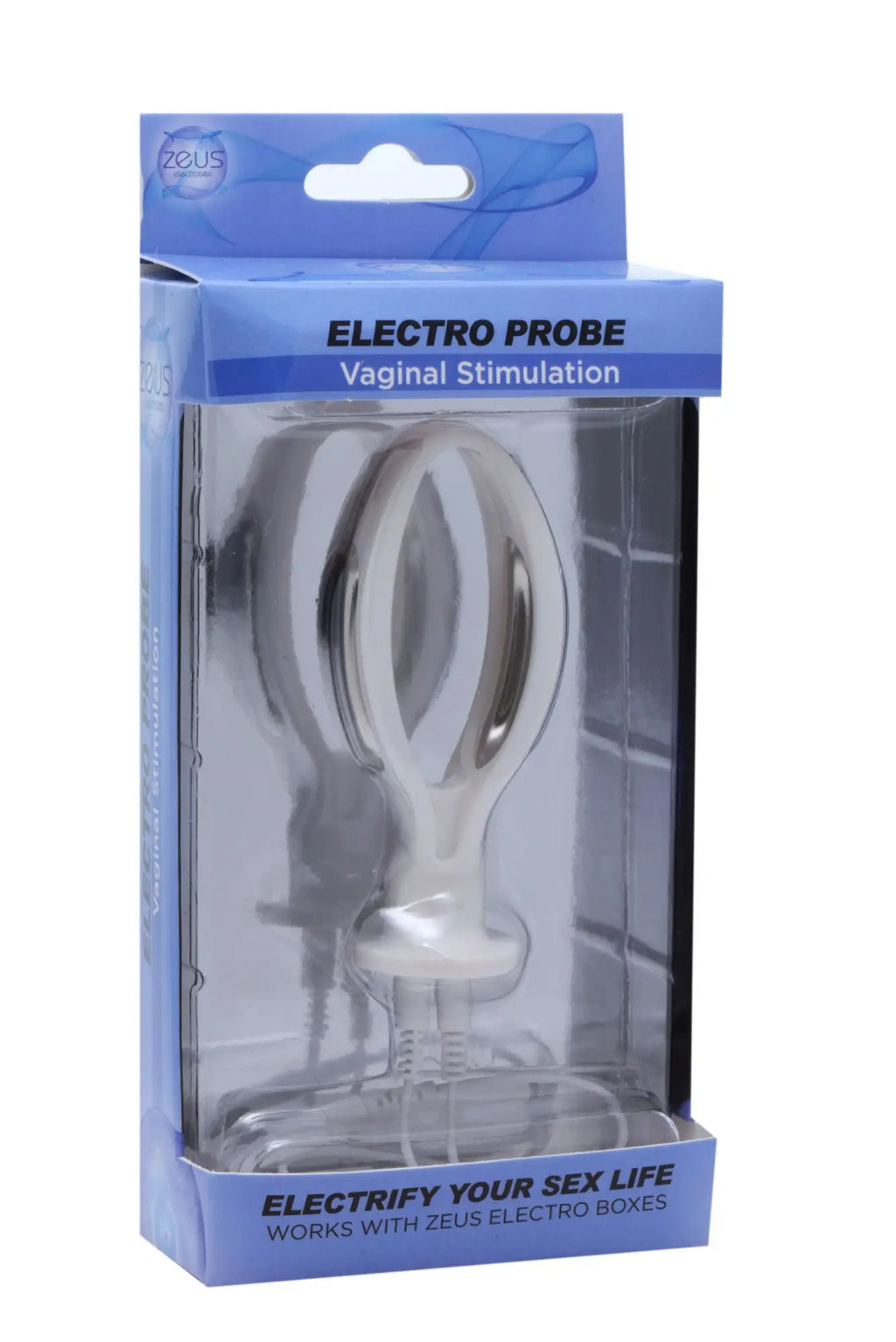 Silver electro probe for vaginal stimulation by Zeus packaged in a blue box with clear plastic window