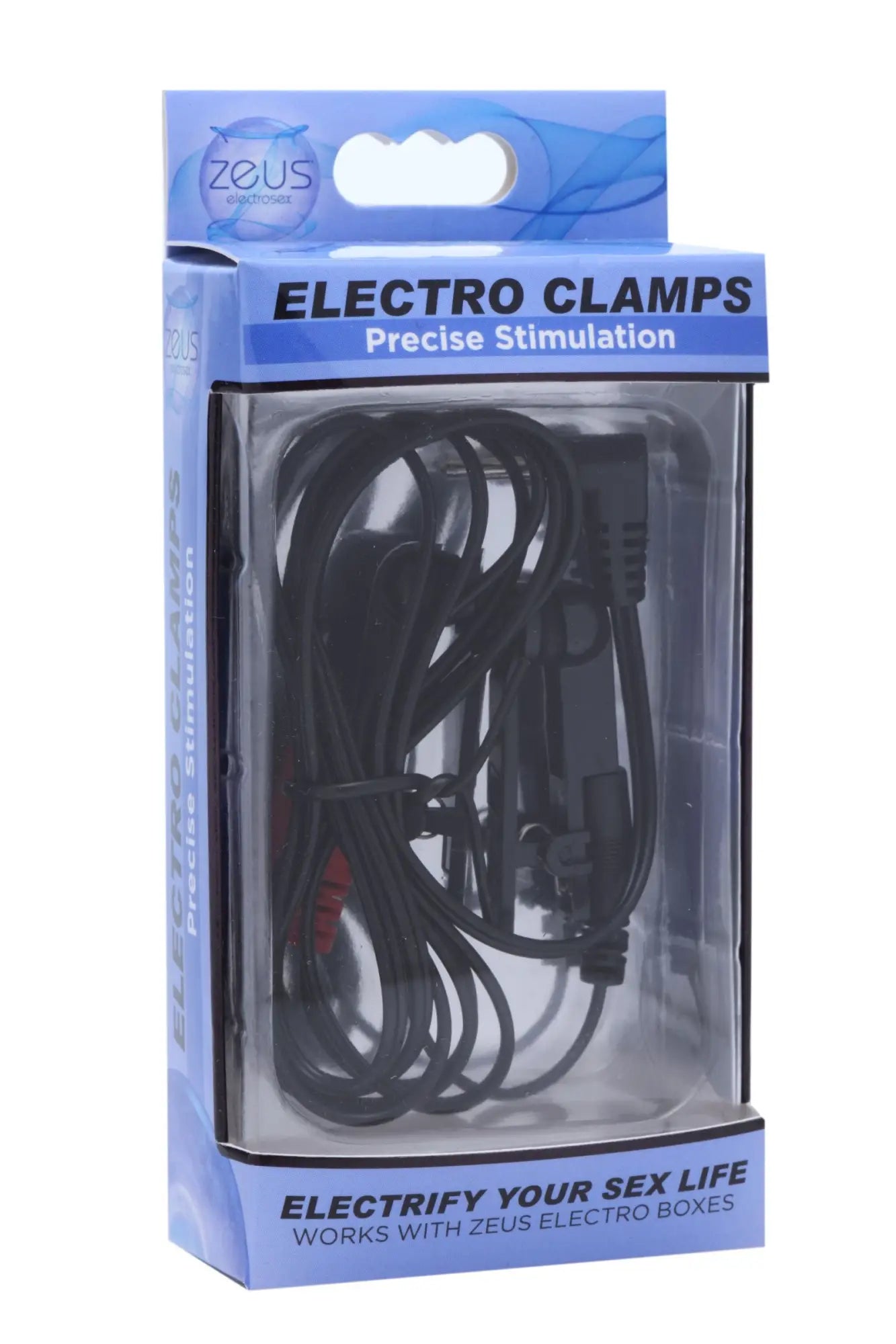 Black electro clamps in blue and clear plastic package designed for precise stimulation compatible with zeus brand