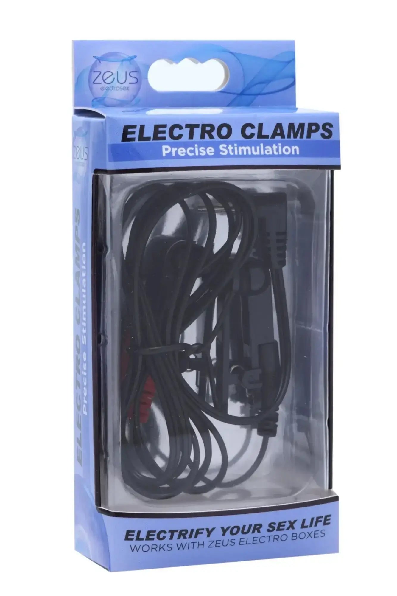 Black electro clamps in blue and clear plastic package designed for precise stimulation compatible with zeus brand