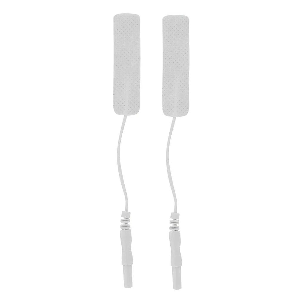 White cylindrical zeus electrode penis pads with textured surfaces and flexible wires with spring-loaded connectors