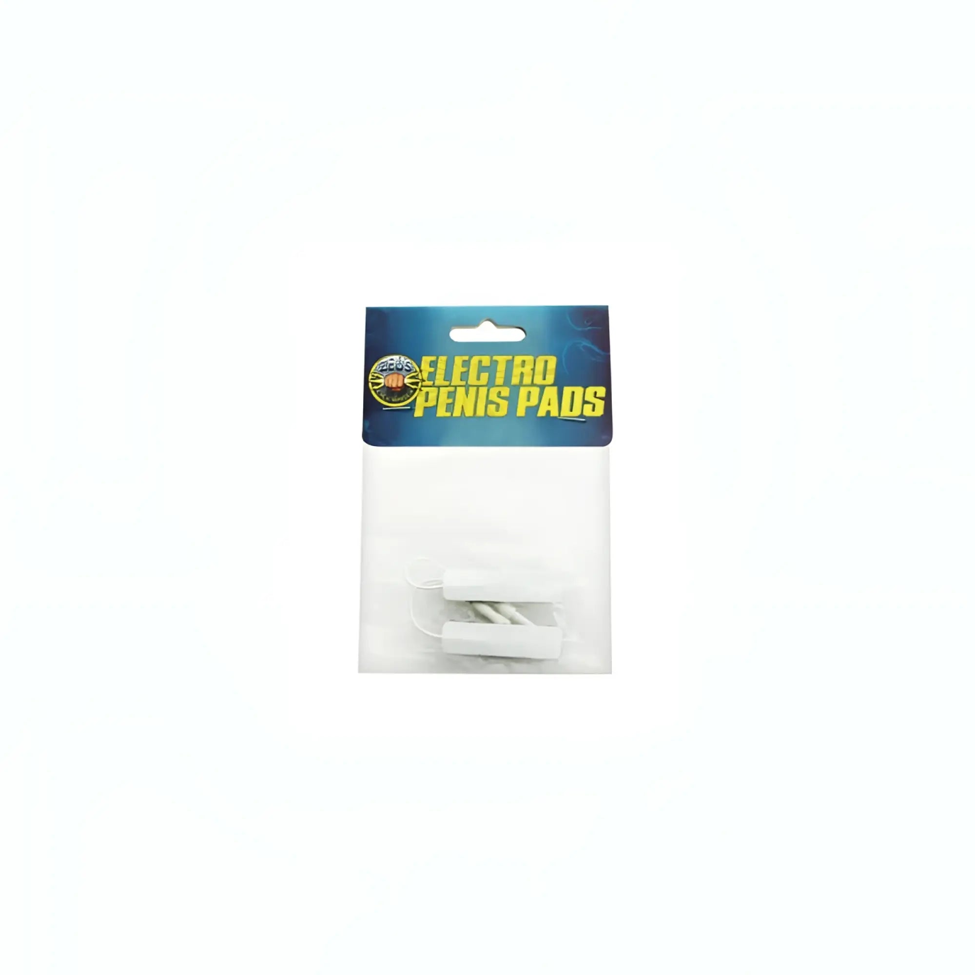 White electro penis pads in clear plastic packaging with blue and yellow label for zeus electrode use