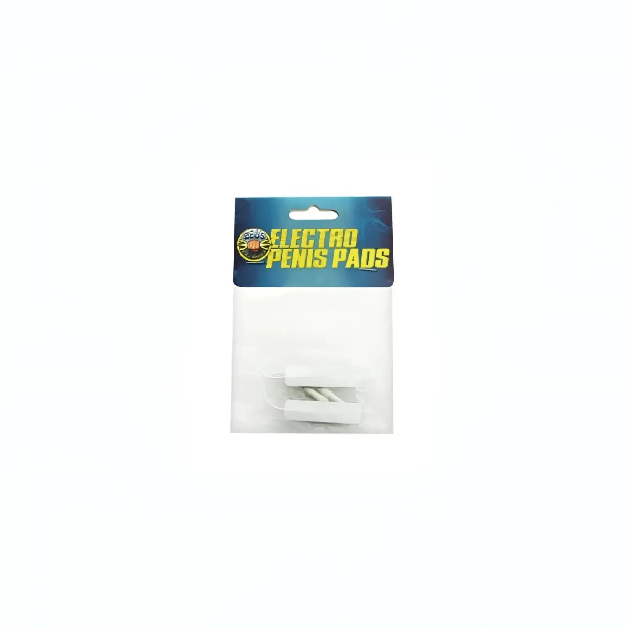 White electro penis pads in clear plastic packaging with blue and yellow label for zeus electrode use