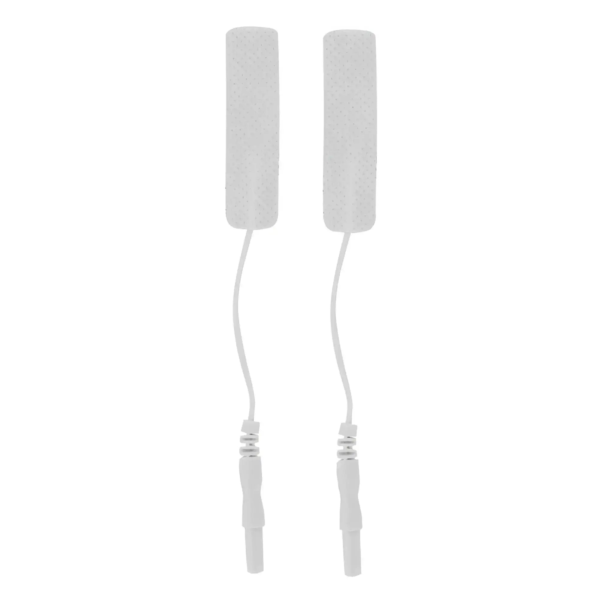 White cylindrical zeus electrode penis pads with textured surfaces and flexible wires with spring-loaded connectors