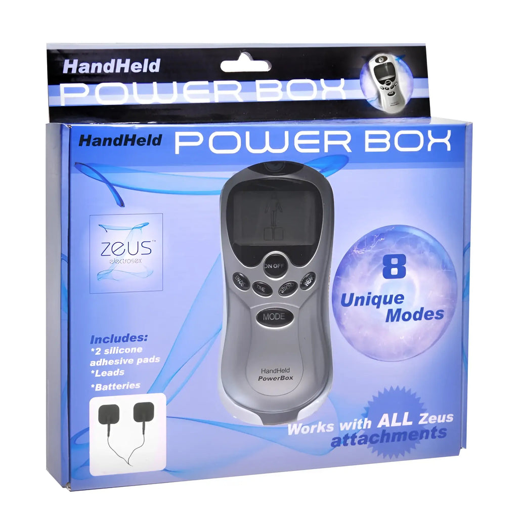 Silver handheld zeus power box with digital display and multiple control buttons featuring black pads