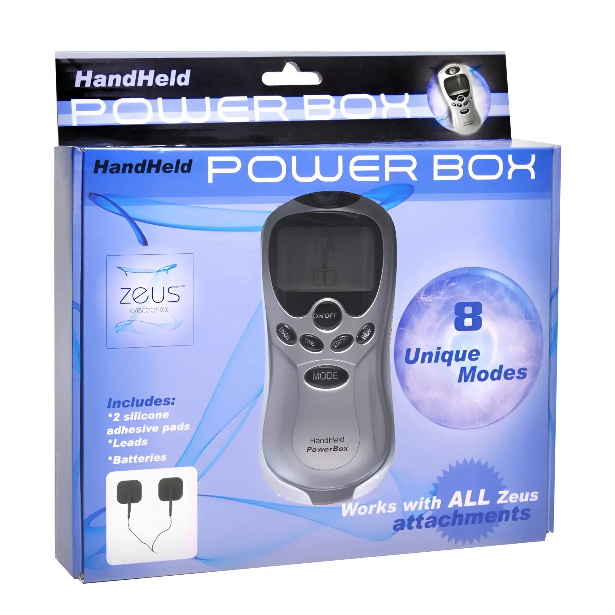 Silver handheld zeus power box with digital display and multiple control buttons featuring black pads