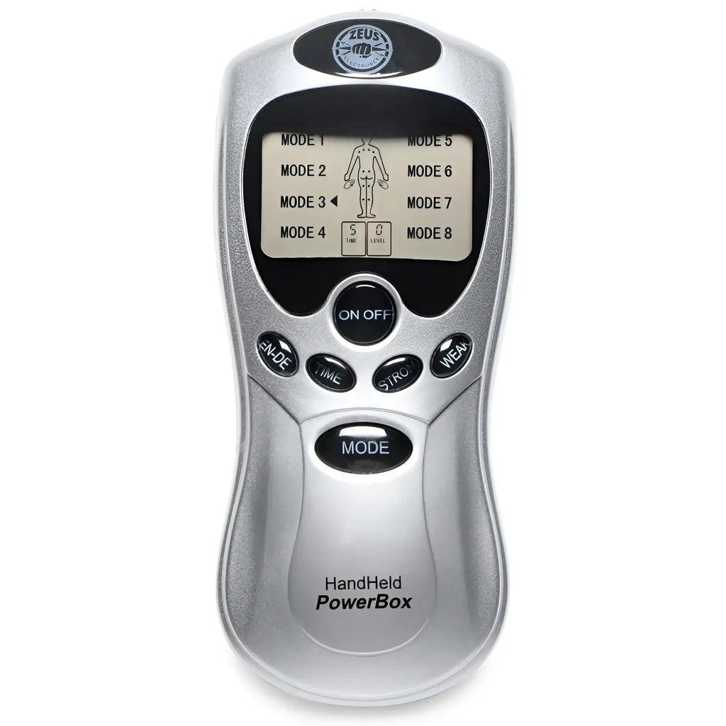 Silver handheld zeus power box massage device with digital display showing eight modes and intensity time controls