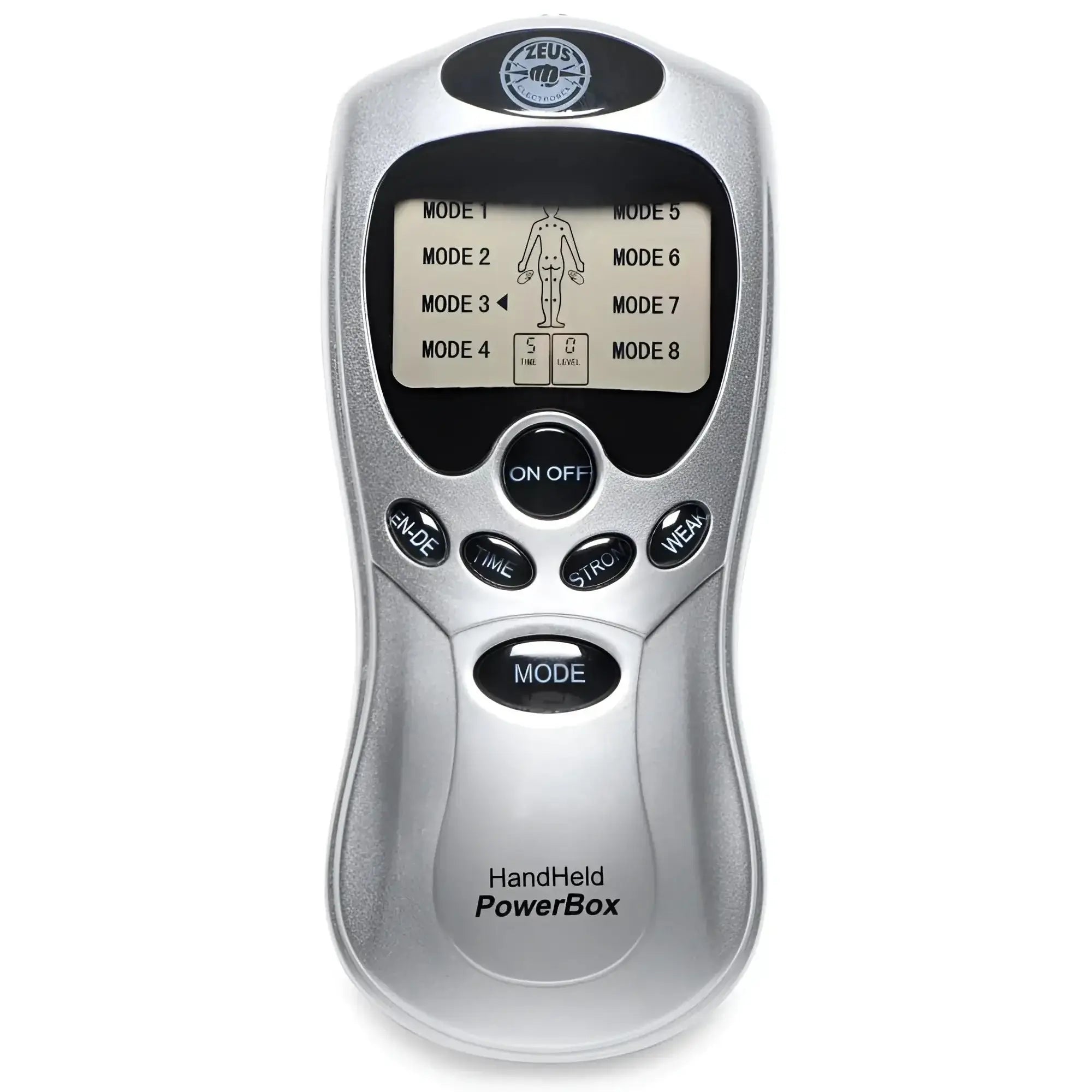 Silver handheld zeus power box massage device with digital display showing eight modes and intensity time controls