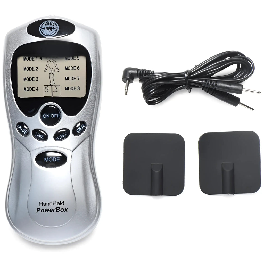 Silver handheld zeus power box massage device with black pads digital display shows eight modes and control buttons
