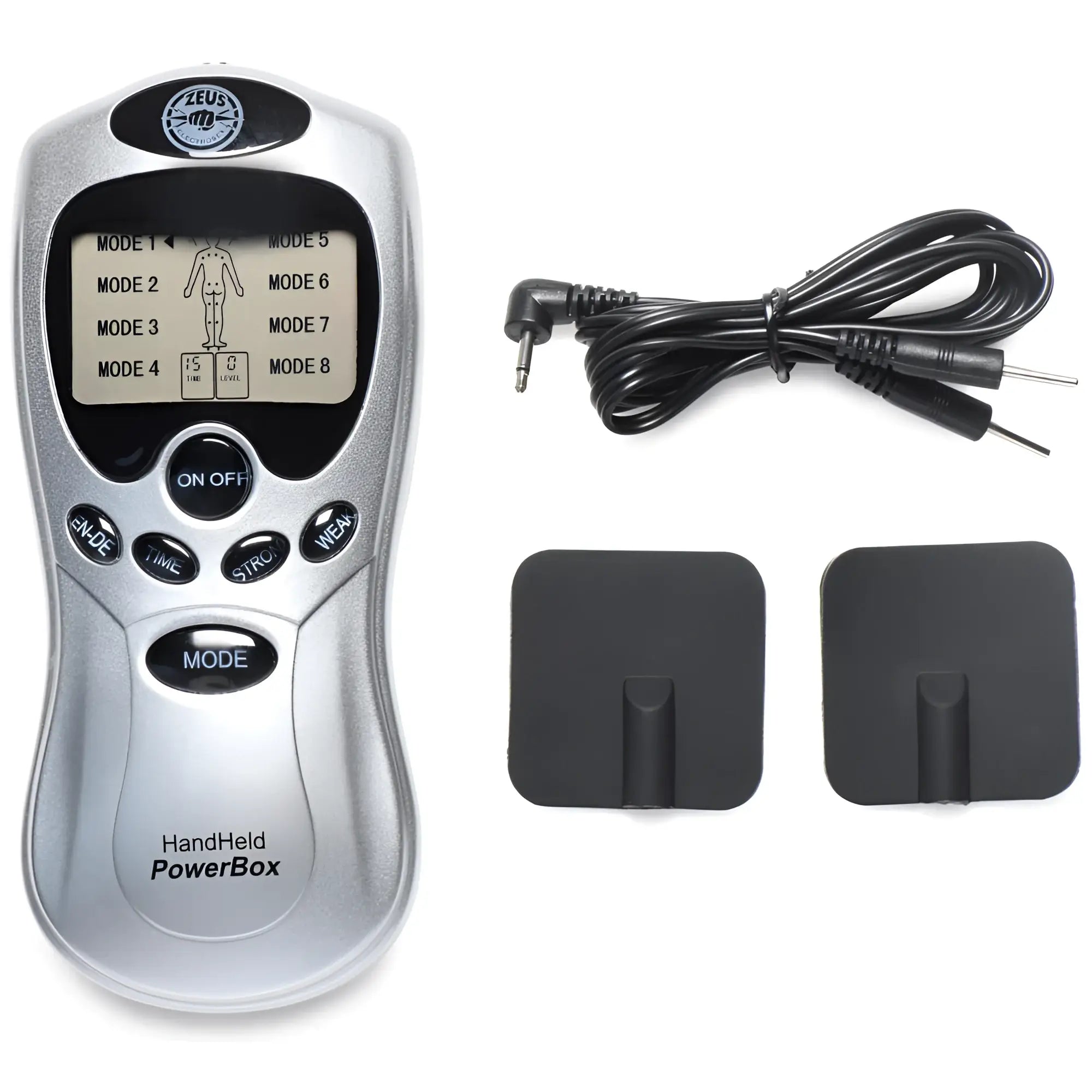 Silver handheld zeus power box massage device with black pads digital display shows eight modes and control buttons