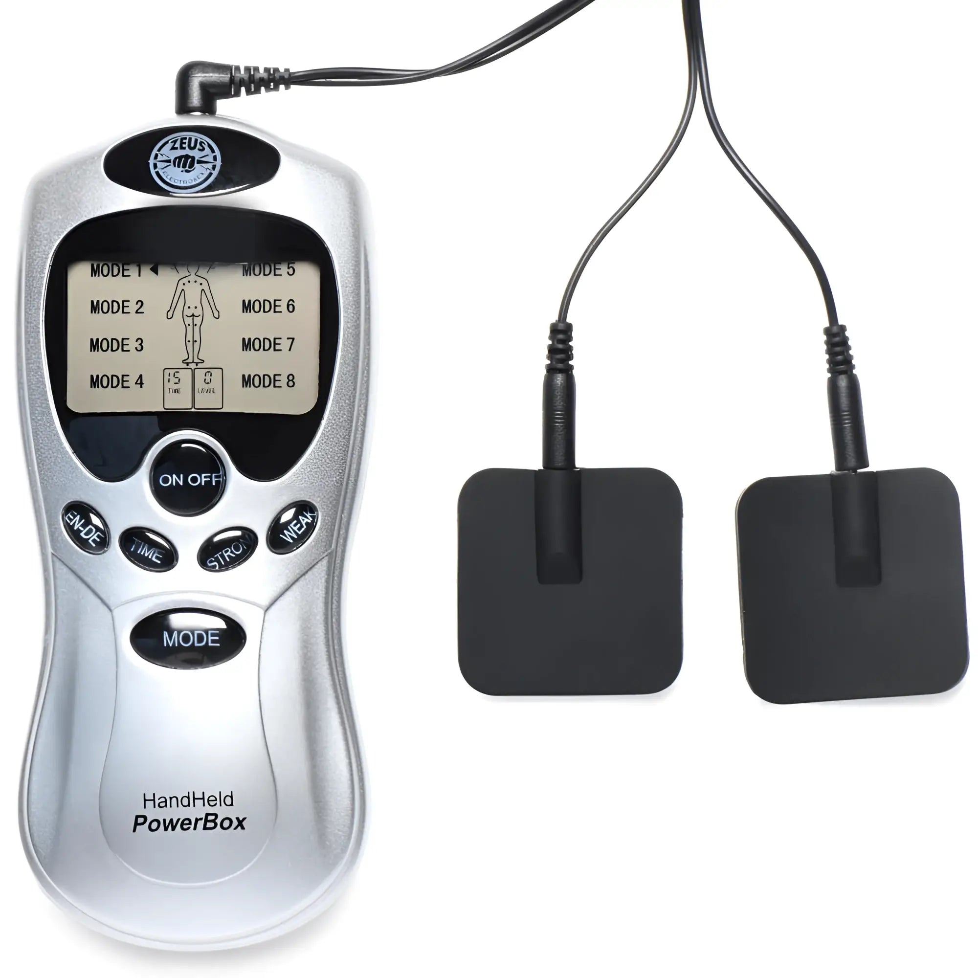 Silver handheld zeus power box massage device with black control buttons and digital display showing eight modes with black pads