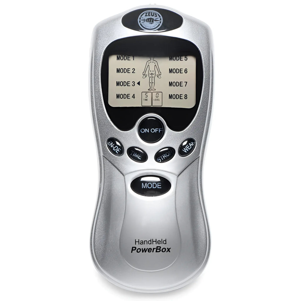 Silver handheld zeus power box massage device with digital display showing eight modes and intensity time controls