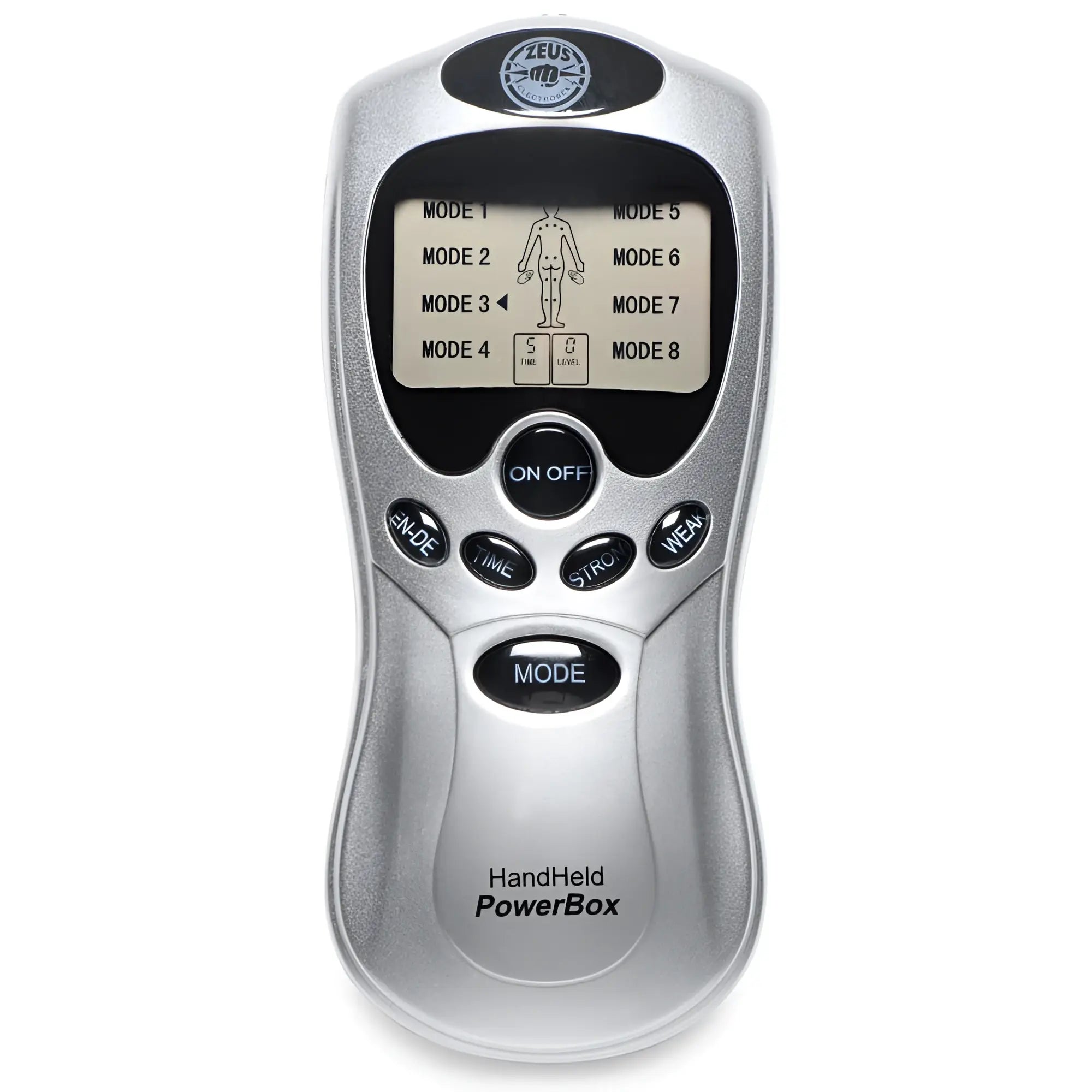 Silver handheld zeus power box massage device with digital display showing eight modes and intensity time controls