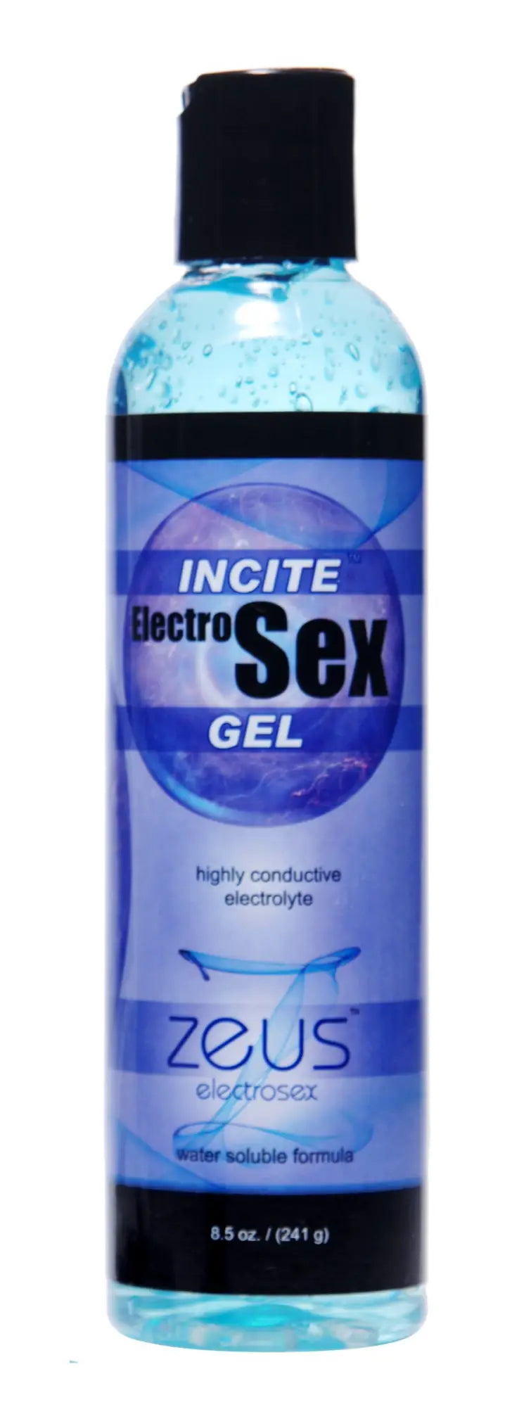 Clear plastic bottle with black cap containing blue gel labeled incite electrosex gel by Zeus Electrosex 8.5oz 251ml