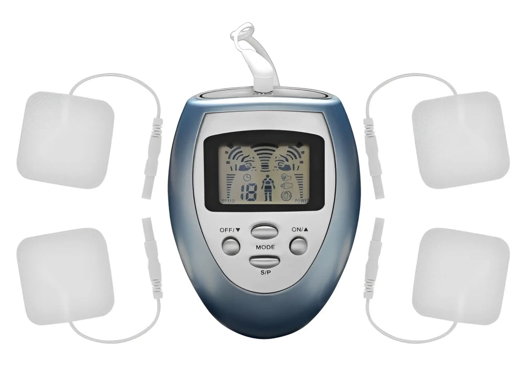 Blue and silver Zeus Palm Powerbox handheld electronic muscle stimulator with four white electrode pads for pain relief