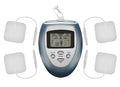 Blue and silver Zeus Palm Powerbox handheld electronic muscle stimulator with four white electrode pads for pain relief