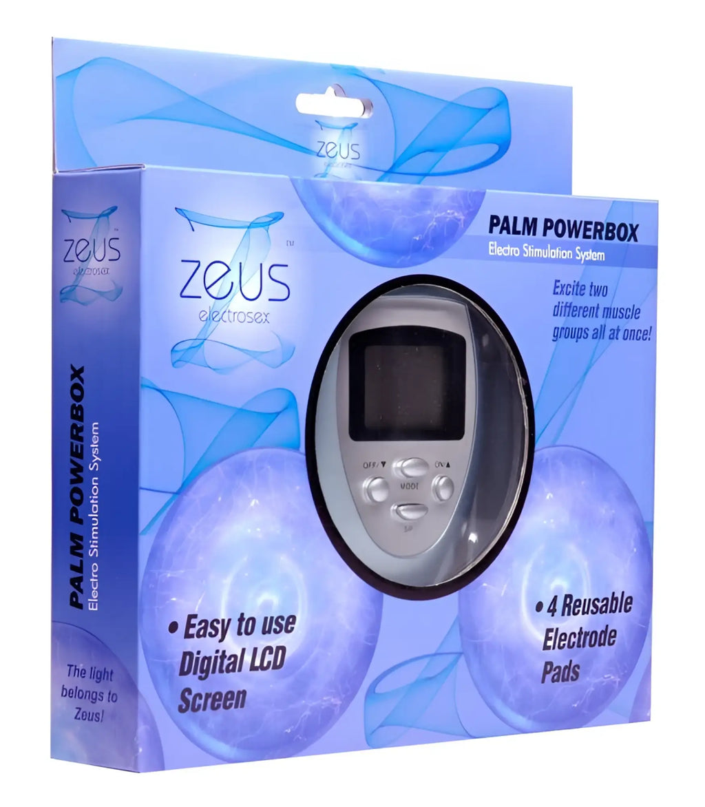 Silver and black zeus palm powerbox electrostimulation device with digital lcd screen for muscle stimulation therapy