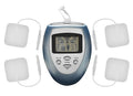 Blue and silver Zeus Palm Powerbox handheld electronic muscle stimulator with four white electrode pads for pain relief