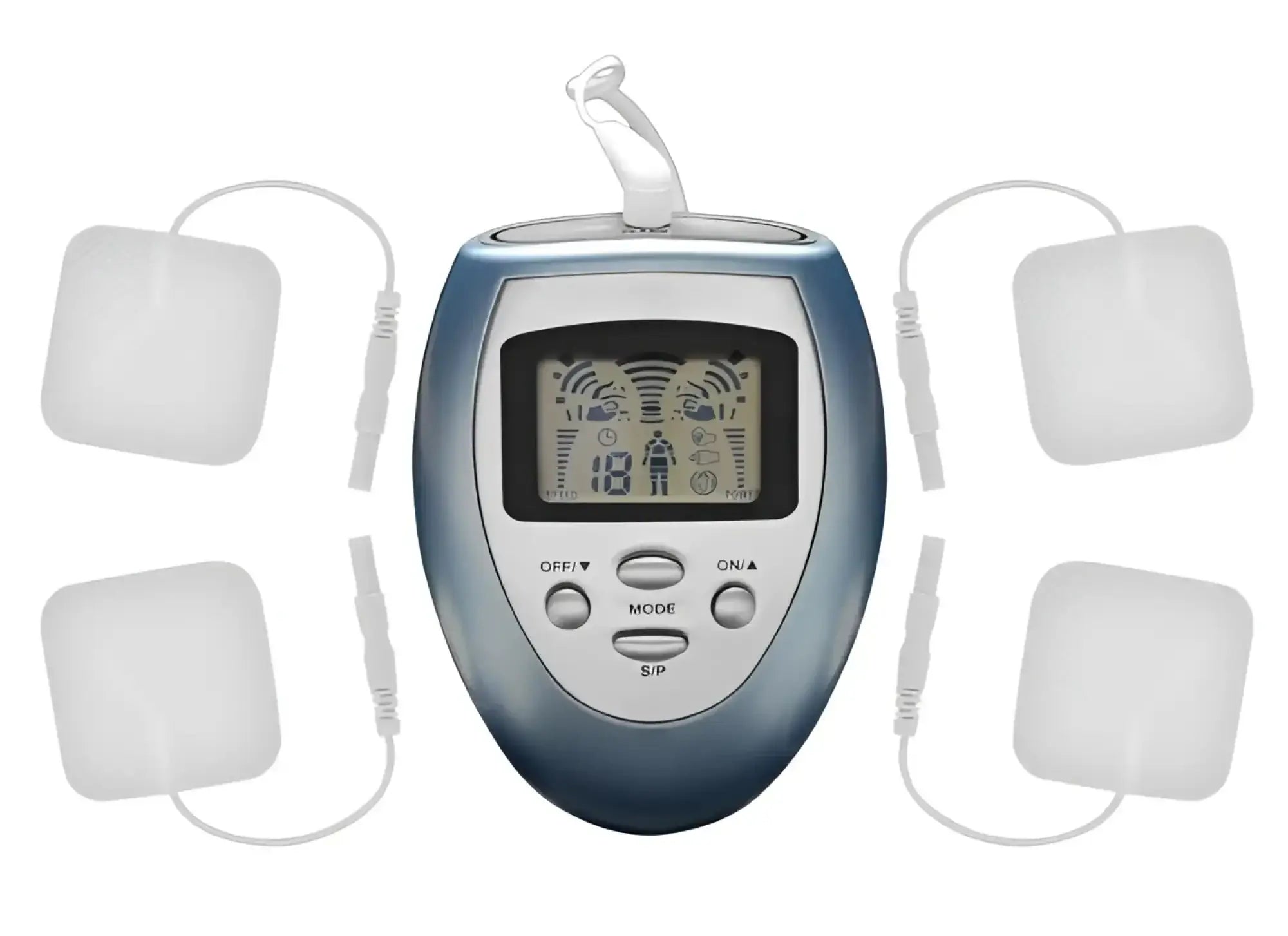Blue and silver Zeus Palm Powerbox handheld electronic muscle stimulator with four white electrode pads for pain relief