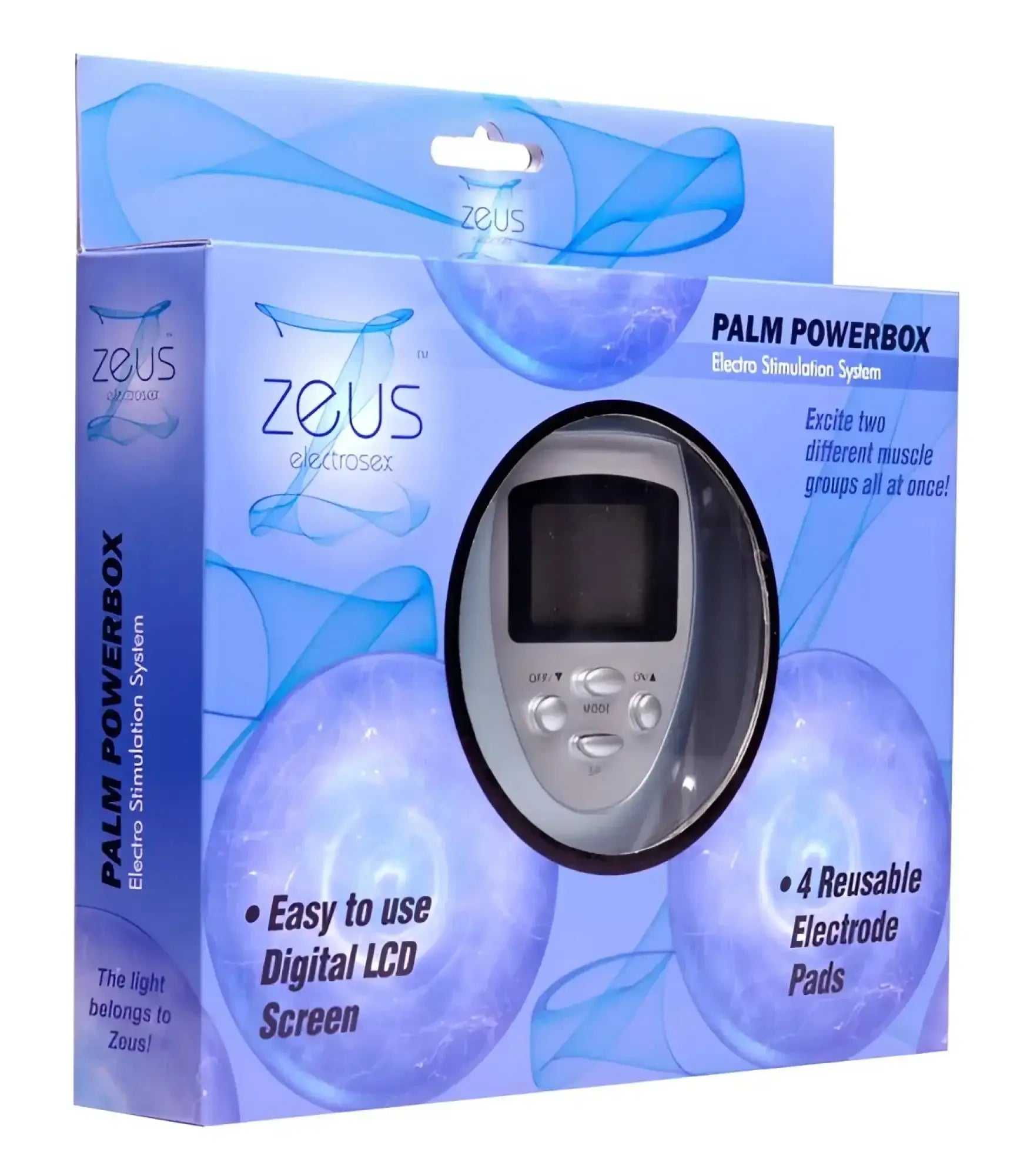 Silver and black zeus palm powerbox electrostimulation device with digital lcd screen for muscle stimulation therapy