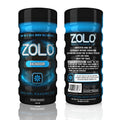 Blue and black zolo backdoor male stimulator cup in cylindrical container with textured grip for easy handling