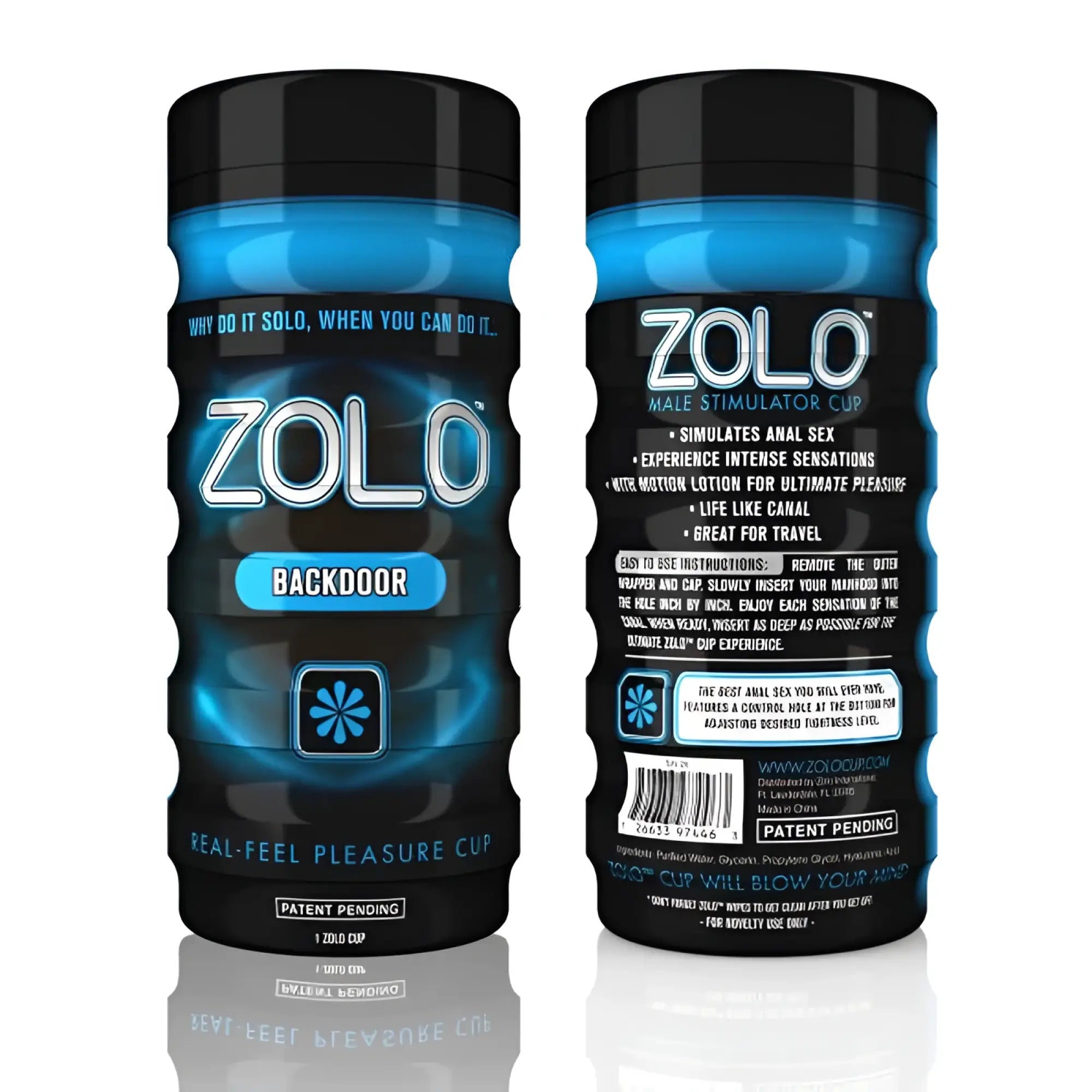 Blue and black zolo backdoor male stimulator cup in cylindrical container with textured grip for easy handling