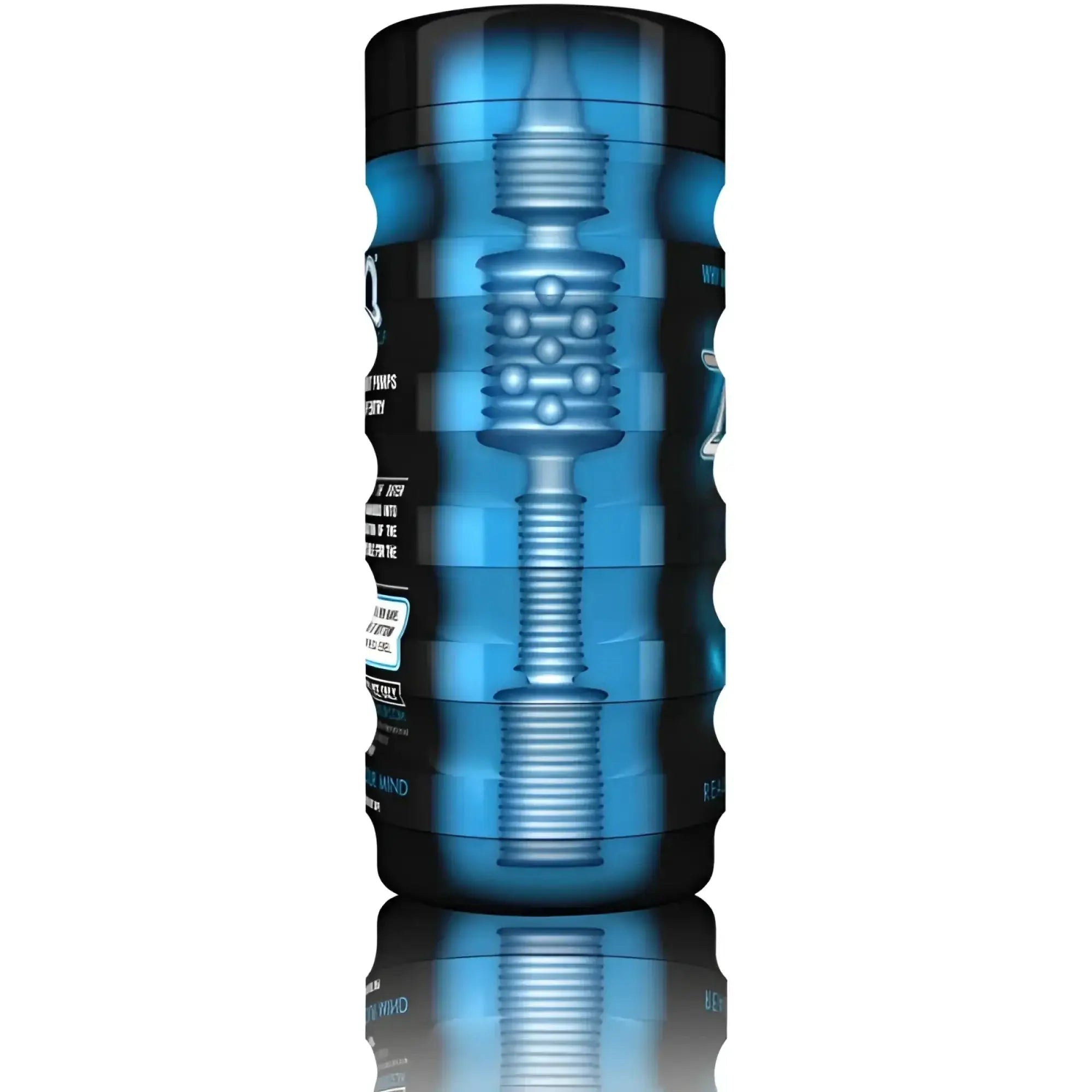 Blue translucent cylindrical zolo back door cup with black textured ends and visible internal mechanical components